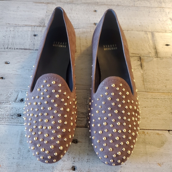 STUART WEITZMAN  Studded Suede Smoking Slipper Loafer Gray Size 8 - Picture 1 of 6